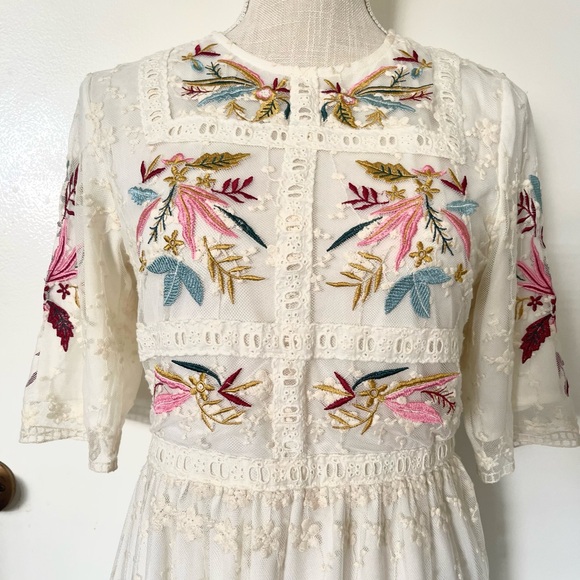 Womens Floral Embroidered Midi Ivory Dress - Picture 2 of 9